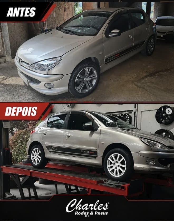 Antes e depois de um Peugeot 206 com as rodas reformadas na Charles Rodas & Pneus